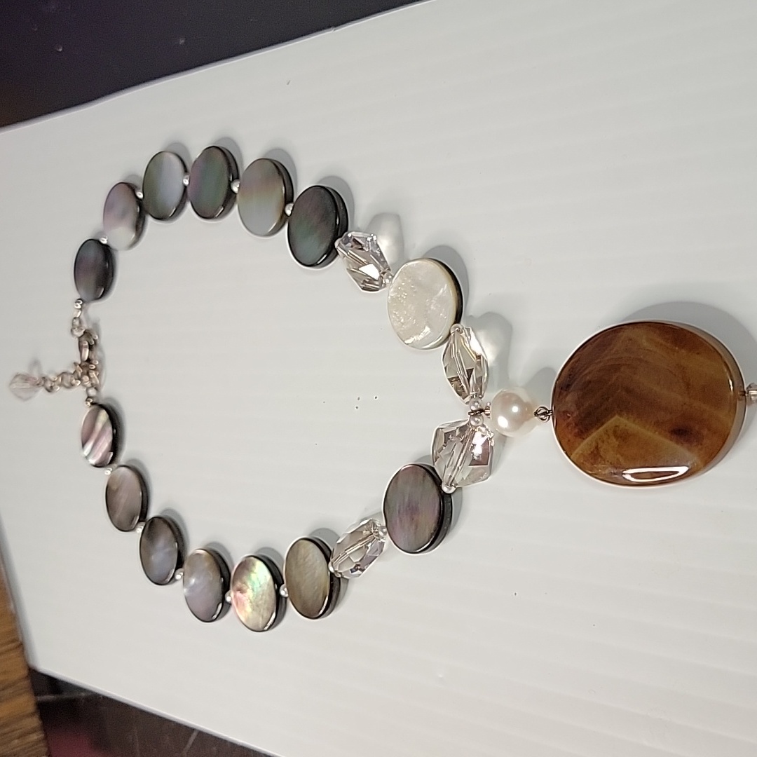 Emily Ray .925 Mother Of Pearl Bandad Agate Swarovski Crystal Necklace